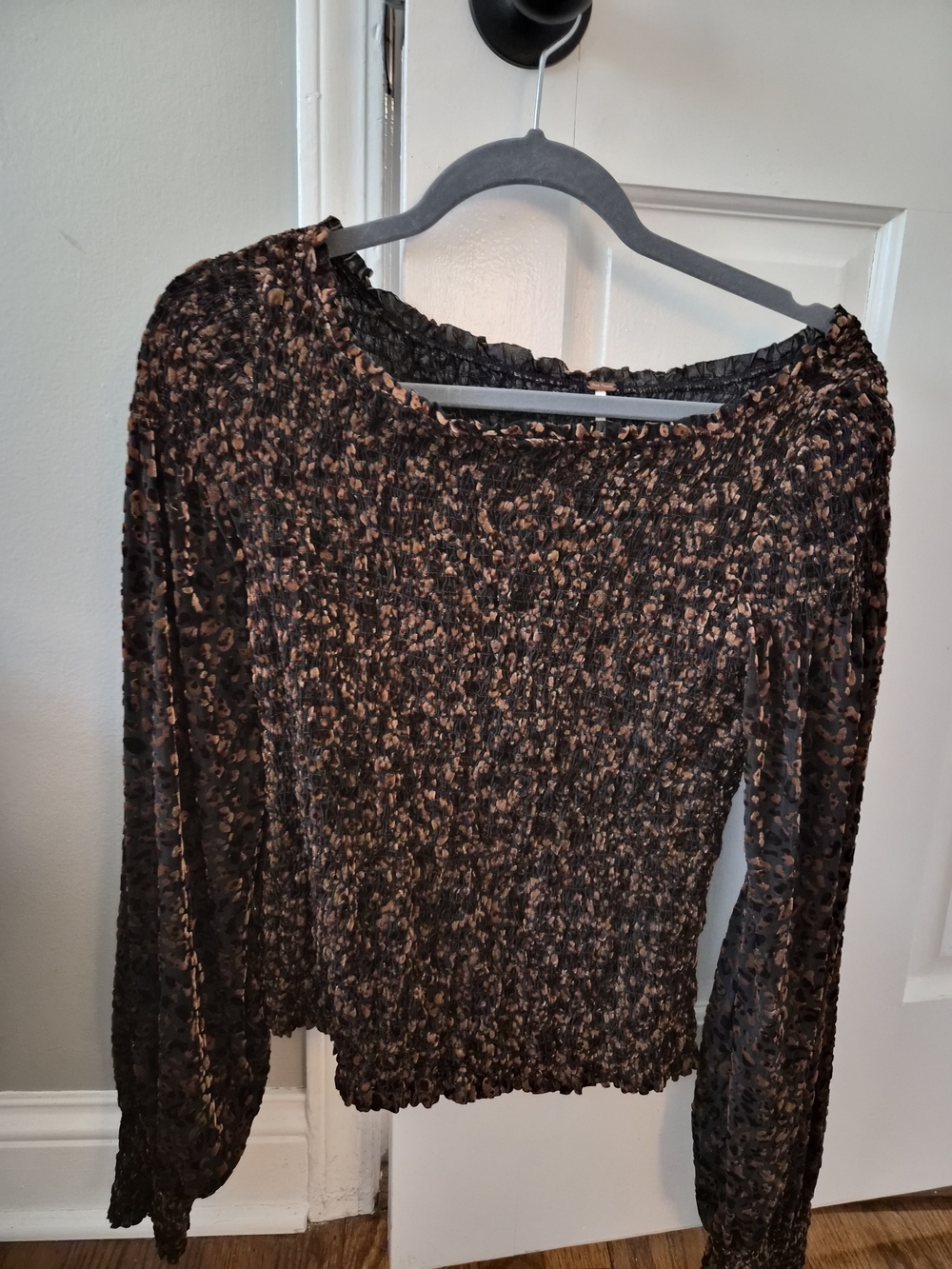 Free People Black and Brown Smocked Long Sleeve Blouse